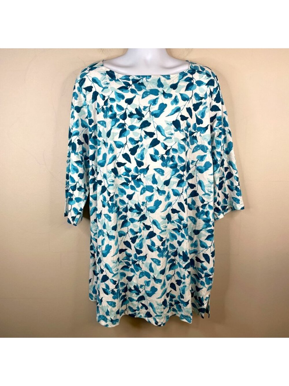Roamans‎ Dress 3X Leaf Print Stretch Knit 3/4 Sleeve Casual Comfy Vacation